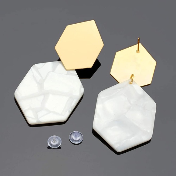 Amapola Boutique Jewelry - White tortoise gold color metal geometric hexagon drop earrings